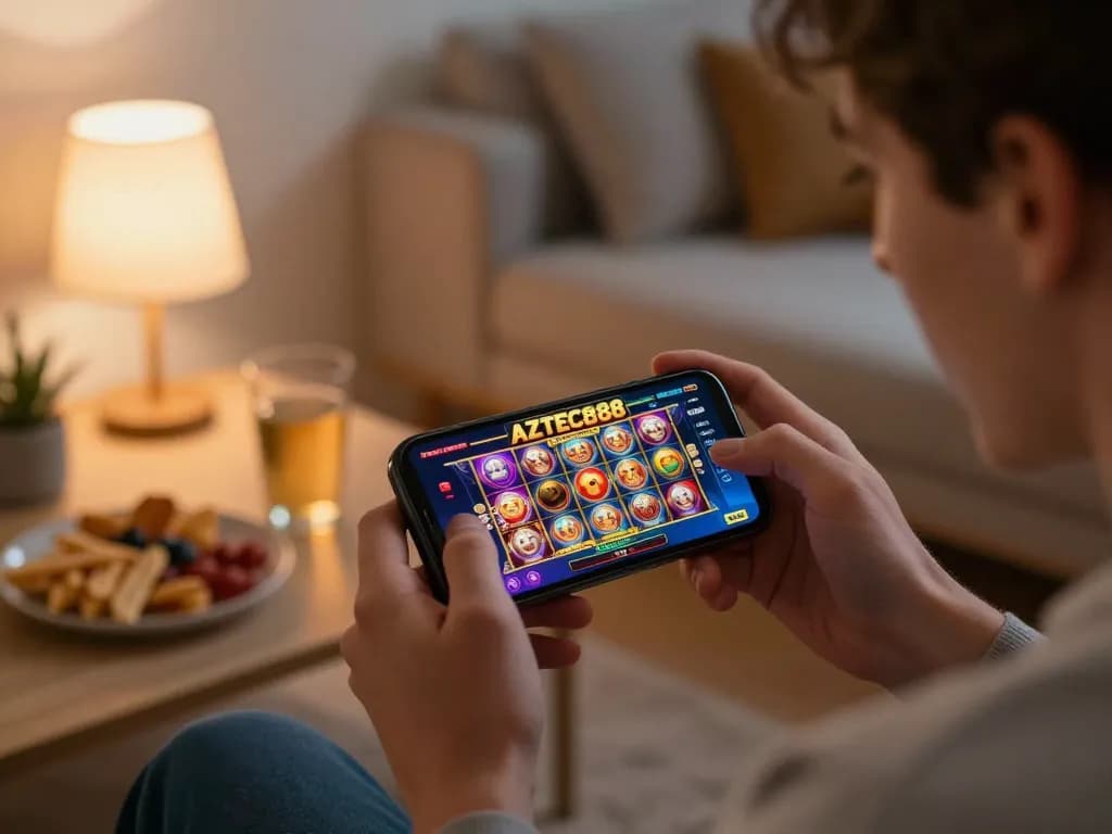 Excited player enjoying AZTEC888 online slots on a smartphone in a cozy home setting.