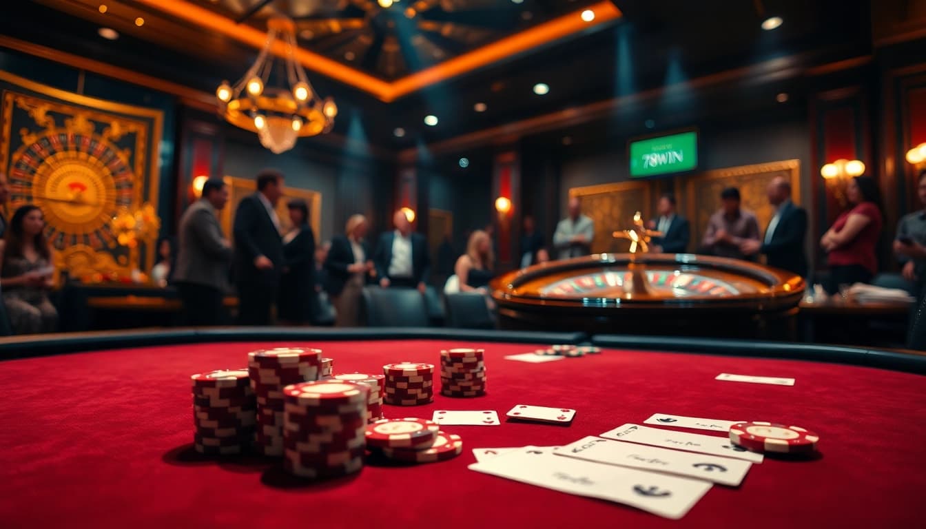 Experience thrilling gaming with 78WIN at a luxurious poker table, surrounded by excitement.