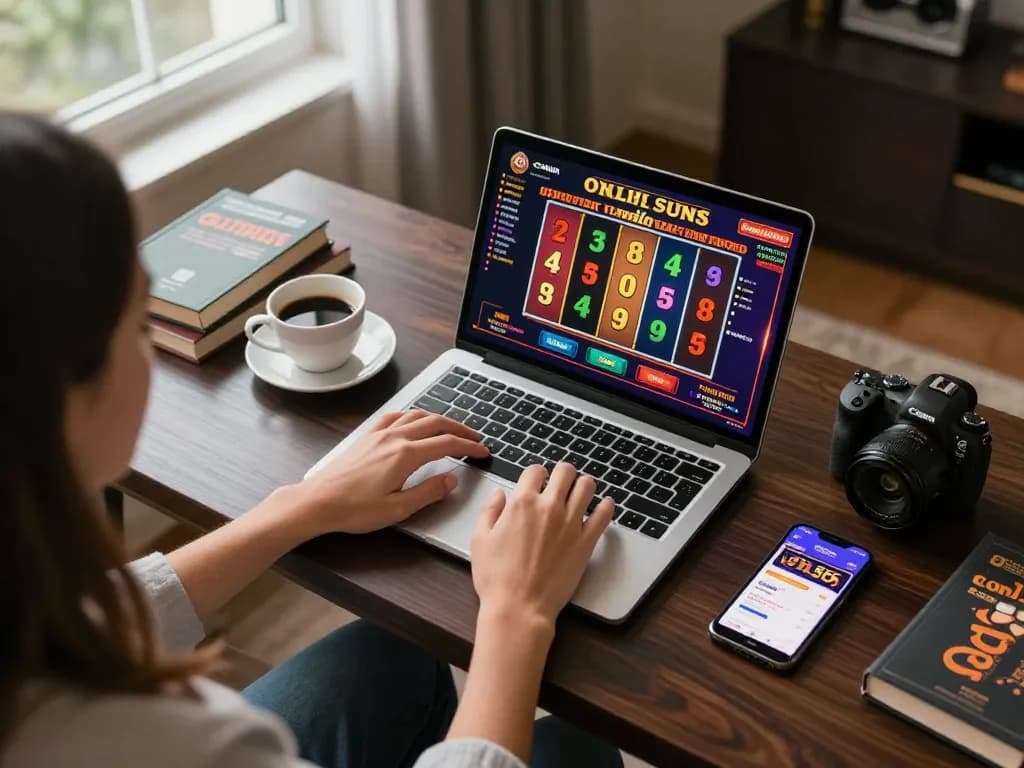 Engaging in an online slots experience on god55 from a cozy home setup, showcasing a vibrant gaming interface.