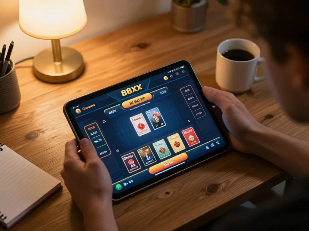Person using a tablet for 88xx bet online gaming in a cozy, well-lit home environment, showcasing strategic gameplay.