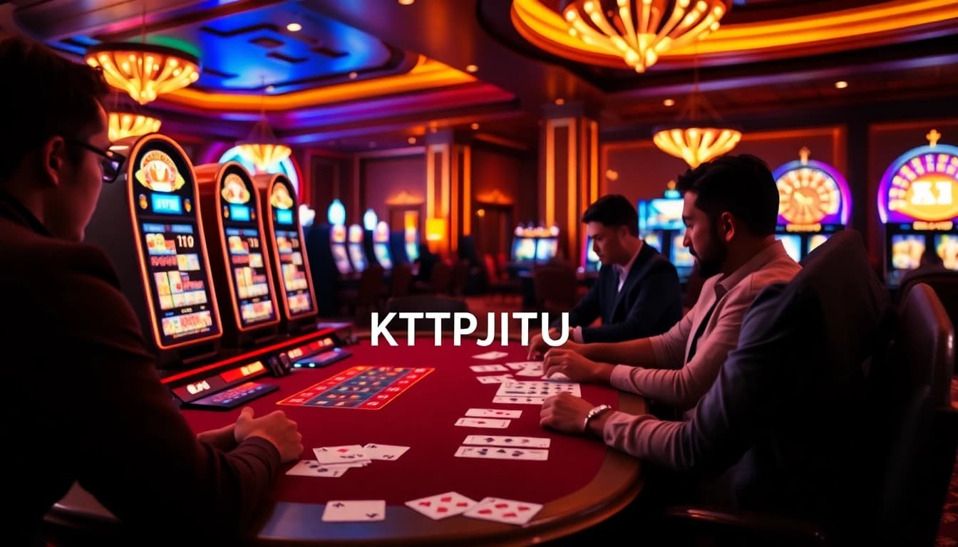 KTPJITU players enjoying a lively slot machine experience in a vibrant casino setting.