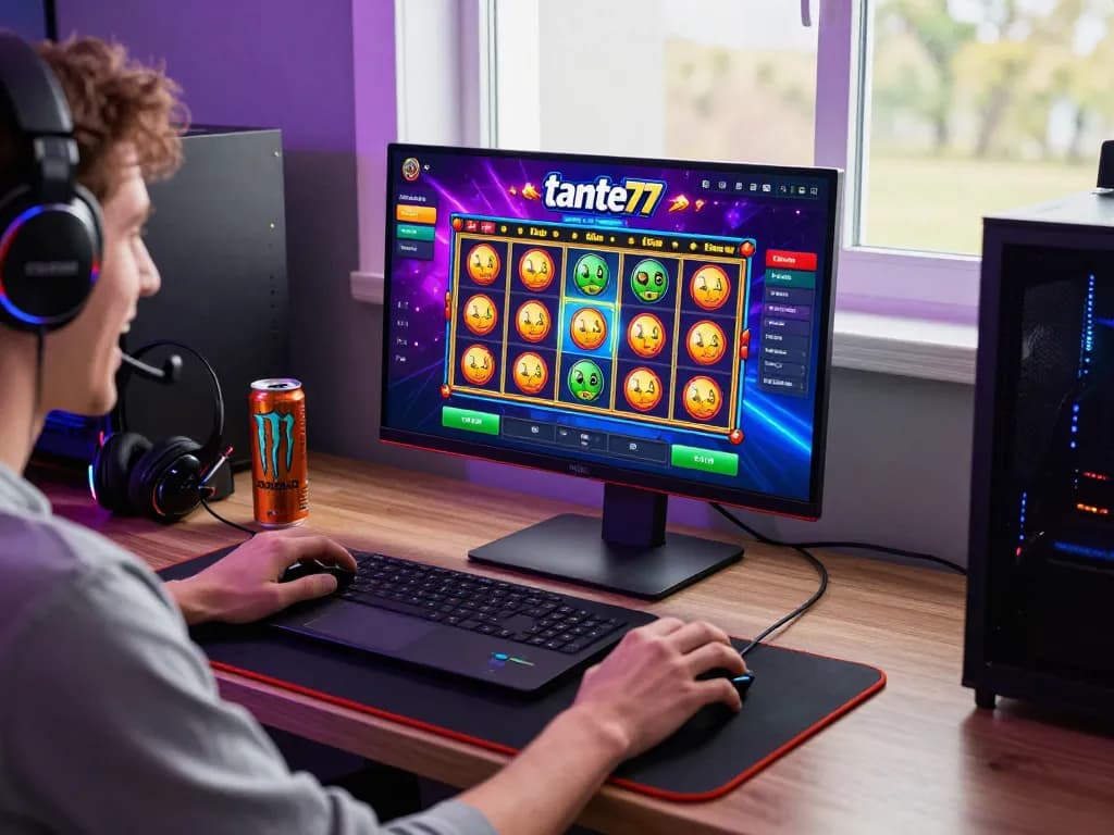 Player enjoying tante77 slot game in a vibrant home gaming setup with dynamic visuals.