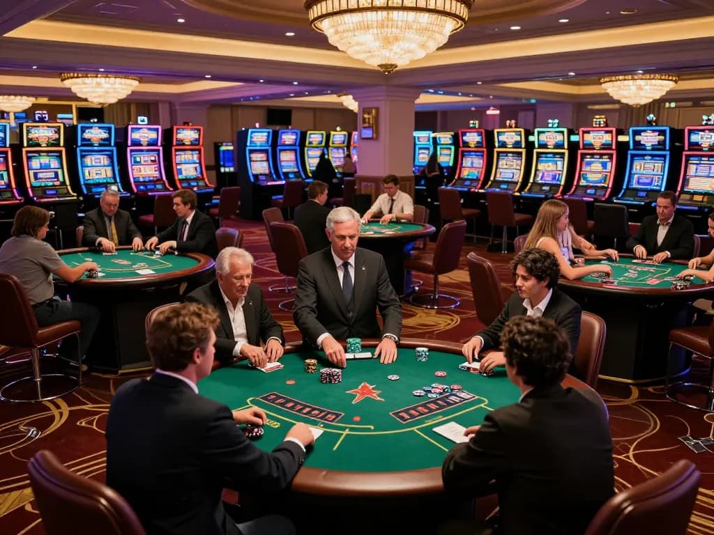 Players strategizing at BETBET poker tables in a vibrant casino atmosphere