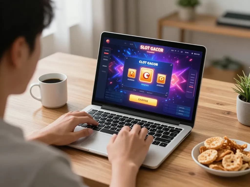 Engaging gameplay on slot gacor online interface with vibrant visuals in a cozy home setup.