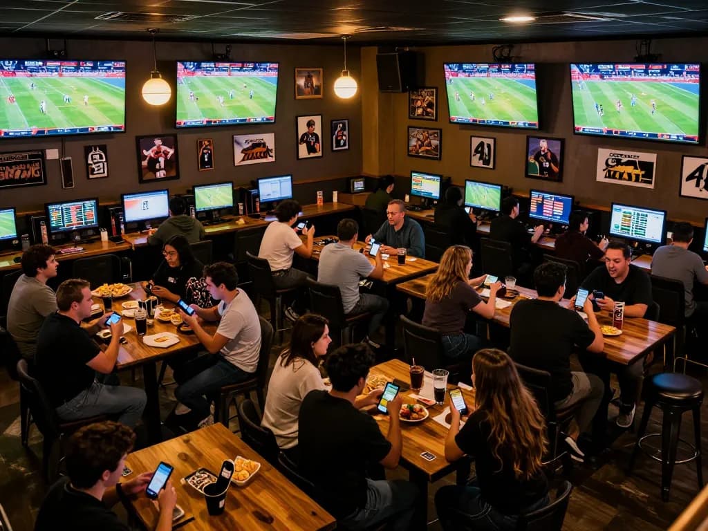 Soi kèo enthusiasts analyzing bets in a lively sports bar while enjoying live matches.