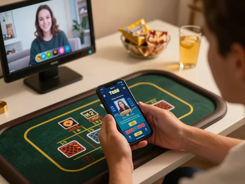 Tg88 đăng nhập experience on smartphone, playing live dealer games with friends in a cozy home setting