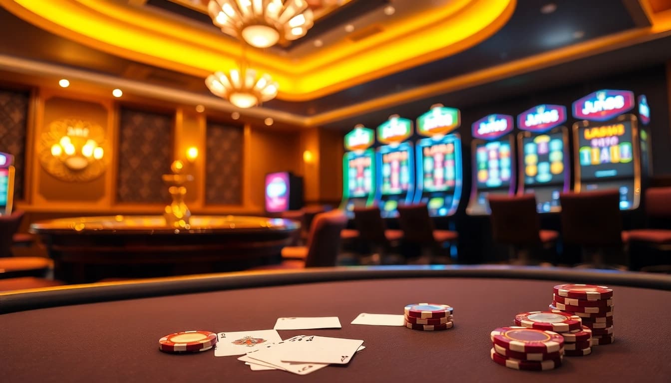 Experience thrilling gameplay at Jun88's luxurious casino with cards, chips, and a live roulette wheel.