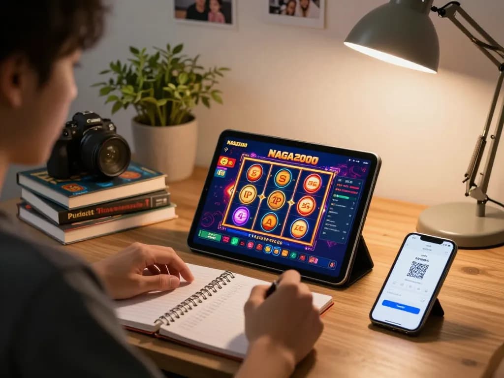 NAGA2000 gamer engrossed in slot gameplay, showcasing vibrant interface and cozy home setting.