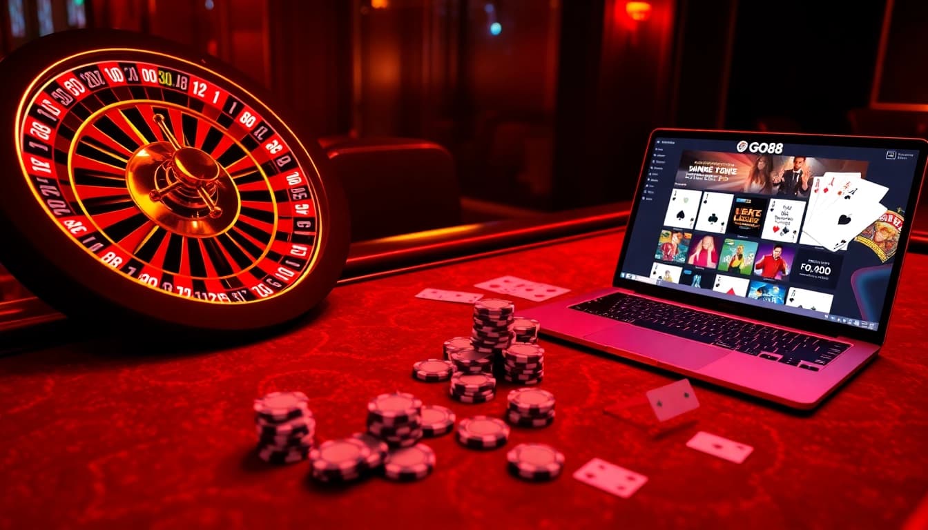 Exciting online gambling scene featuring go88 interface with poker chips and casino elements.