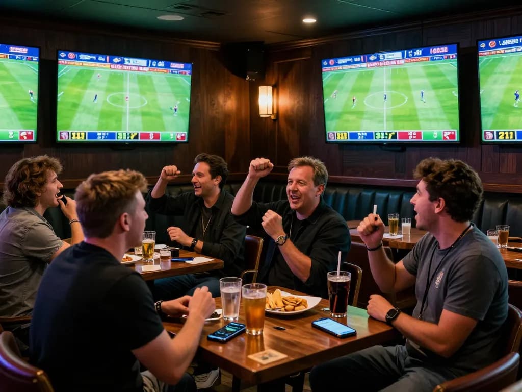 Kèo nhà cái displayed on sports betting app as patrons cheer for football matches in a lively sports bar setting.