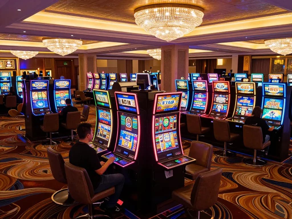 Players enjoying vibrant slot machines at F168 online casino, showcasing excitement and luxury.