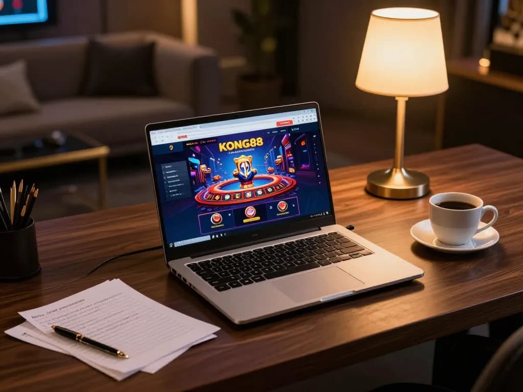 KONG88 online gaming setup with laptop showing casino site and strategic notes, inviting atmosphere.