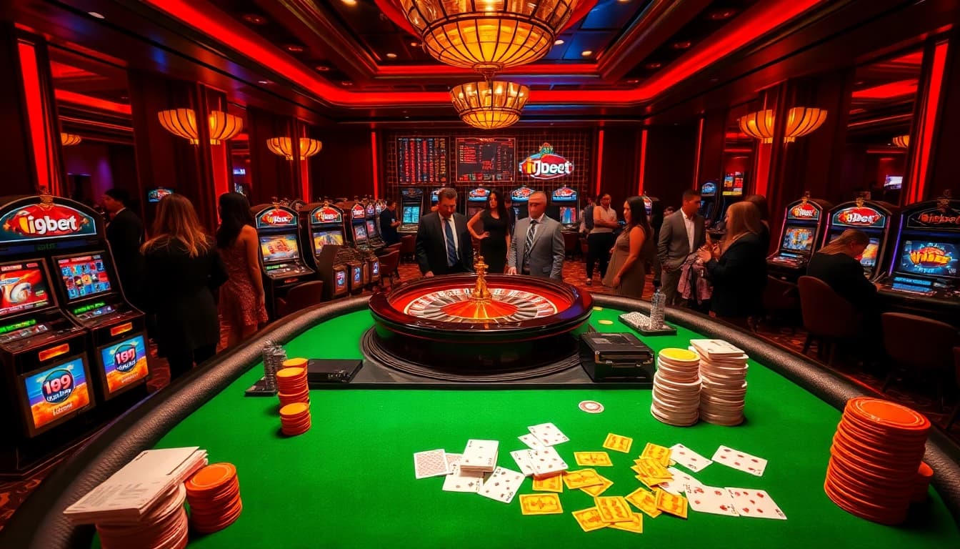 Exciting casino gaming scene featuring i9bet's vibrant branding at roulette and slot machines.