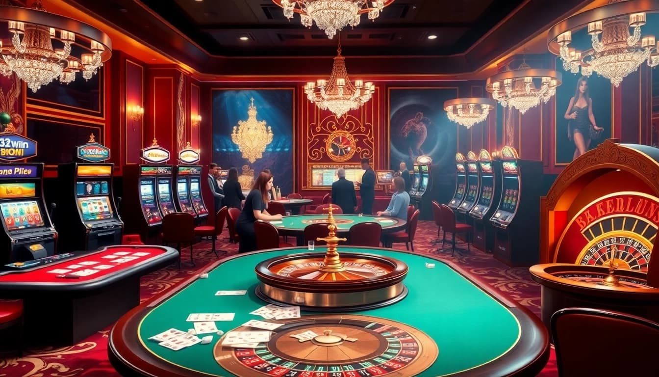 Experience the excitement of gaming at 32win.host with vibrant poker tables and lively slot machines.