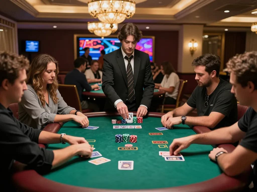 Engaging poker gameplay at tle-online casino with players analyzing hands and vibrant table action.