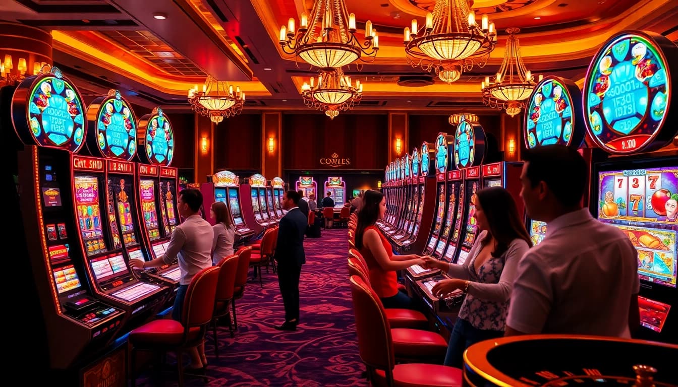 Experience the excitement of gambling at Bro138 with vibrant slot machines and players enjoying their wins.