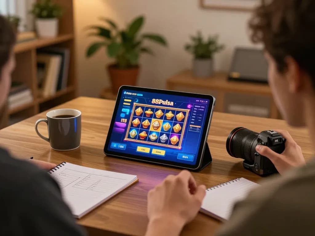 Terlibat dalam permainan slot 88Pulsa di rumah, menunjukkan pengaturan permainan online yang strategis