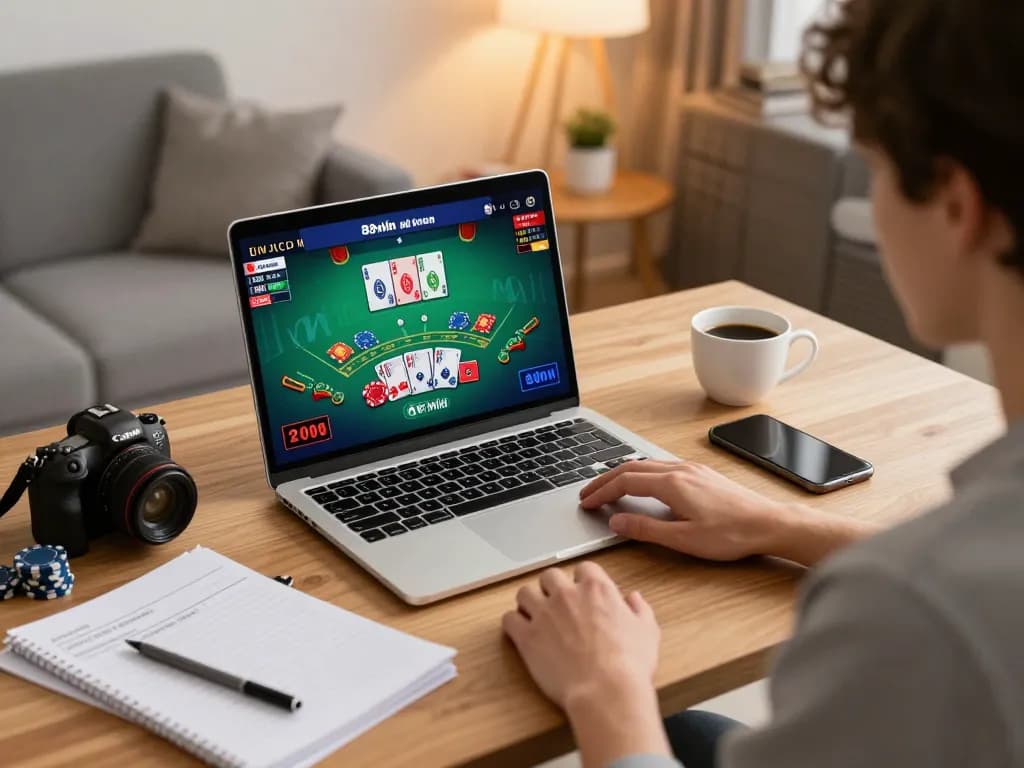 Experience seamless 98win đăng nhập for live blackjack gameplay in a stylish home office setup.