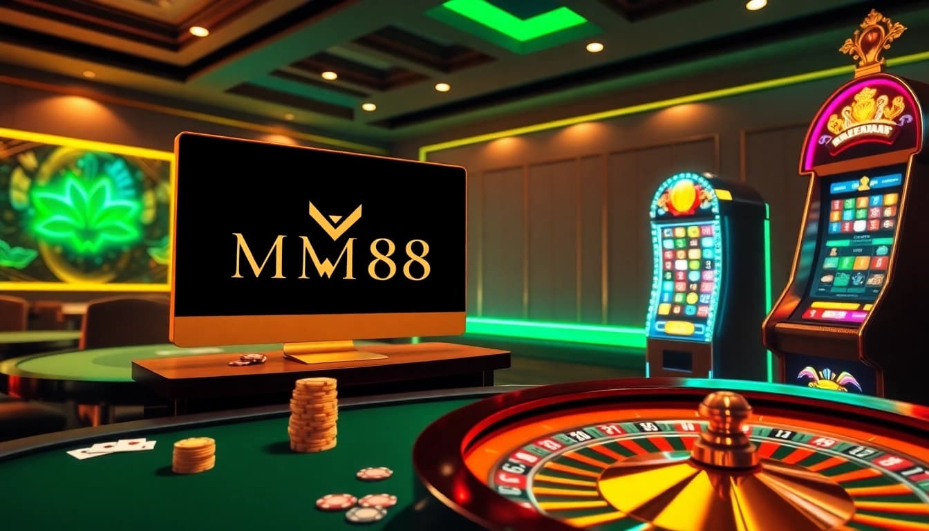 Experience the excitement of MM88's online casino with vibrant slot machines and a stylish poker table.