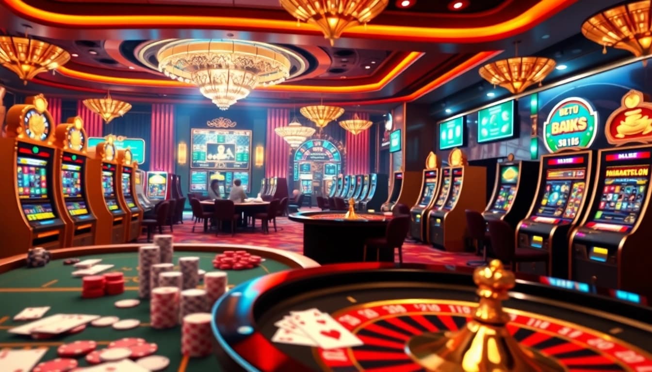 Engage with the exhilaration of 'Trang chủ ok8386' through vibrant casino visuals featuring poker chips and roulette wheels.