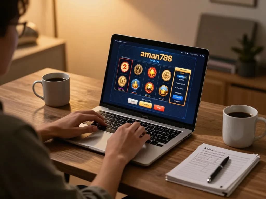 Berinteraksi dengan aman788 slot online di rumah, menampilkan pengaturan permainan strategis dan suasana yang nyaman