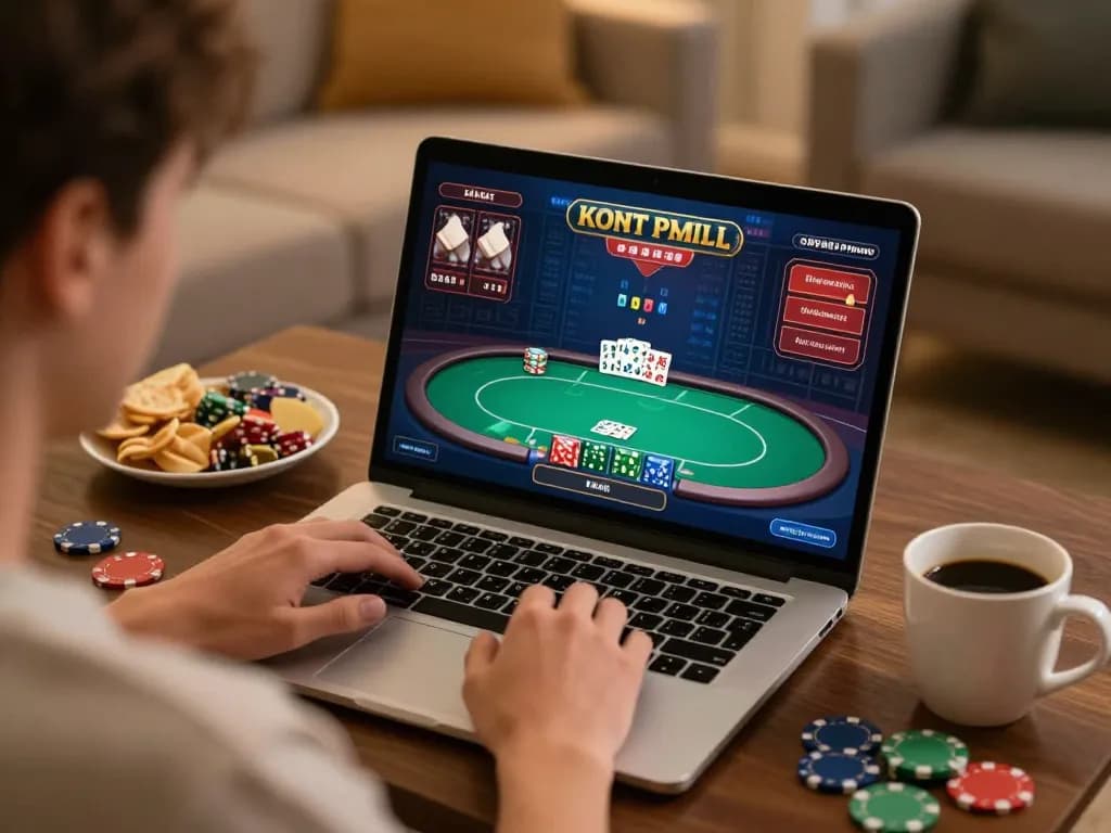sc88 user enjoying poker gameplay on a laptop in cozy home setting with snacks beside