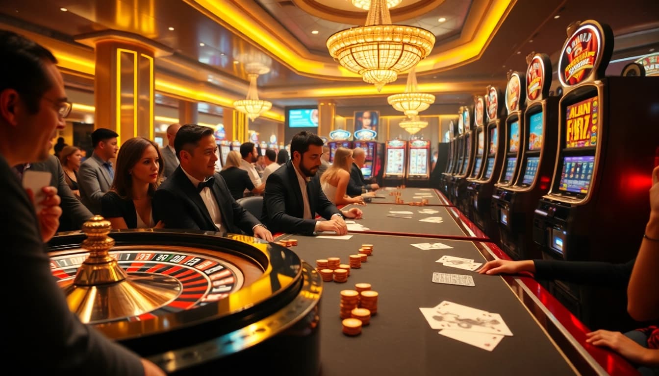 Porn game players engaging at a luxurious casino with roulette, poker, and slot machines.