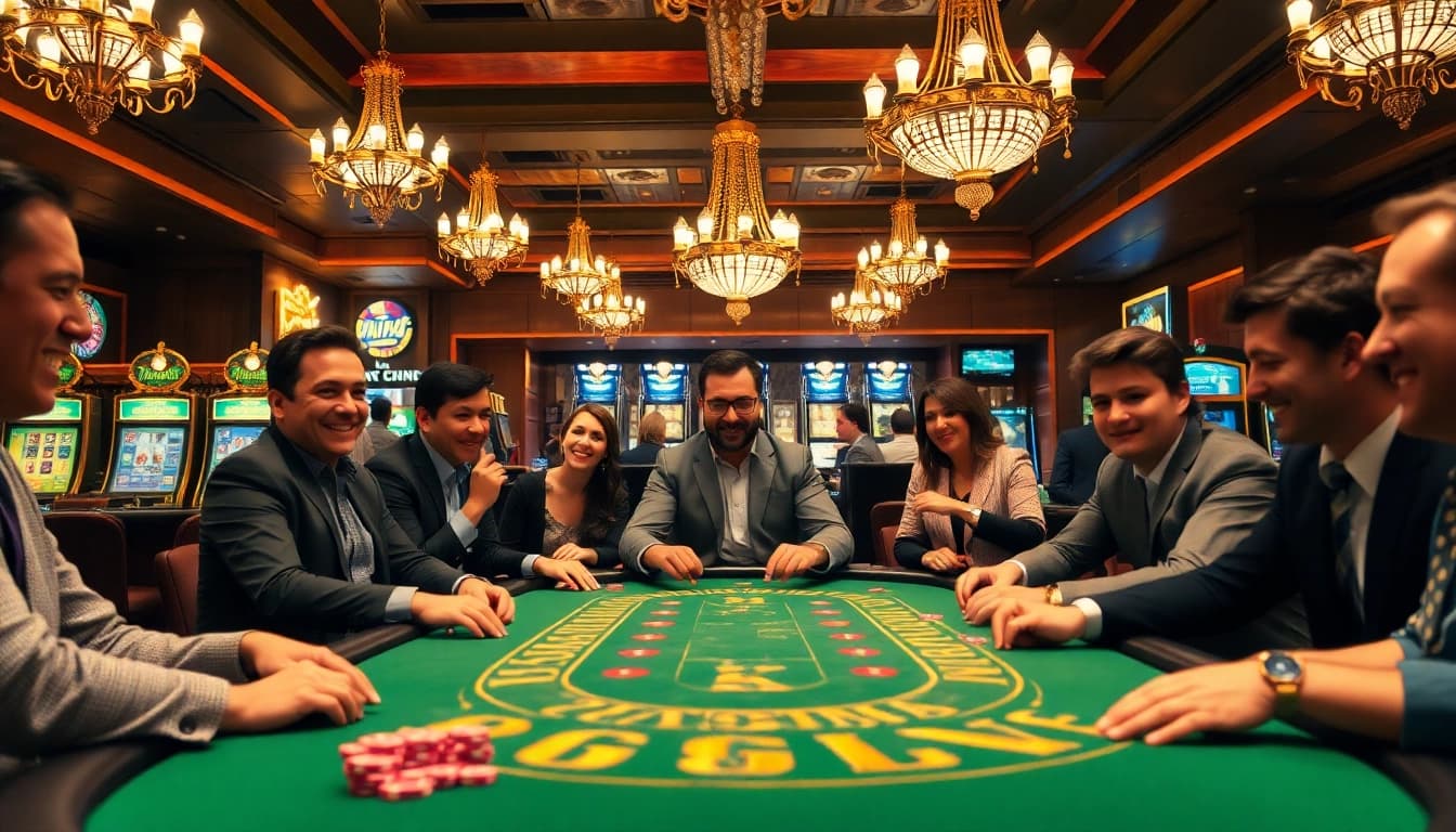 Aksi intens di meja poker dengan arushoki berlatarkan lampu mewah di kasino.