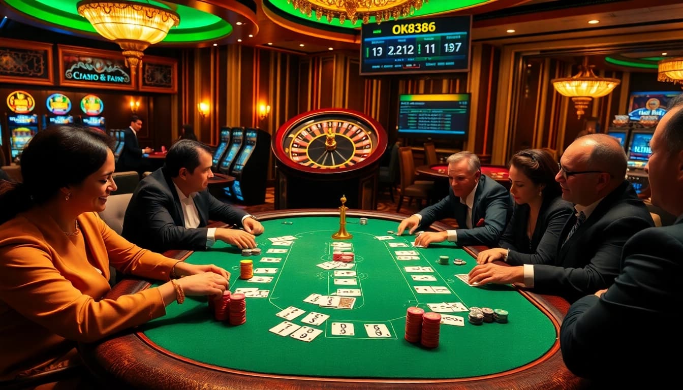 Experience thrilling poker action at ok8386 casino with vibrant colors and luxurious atmosphere.