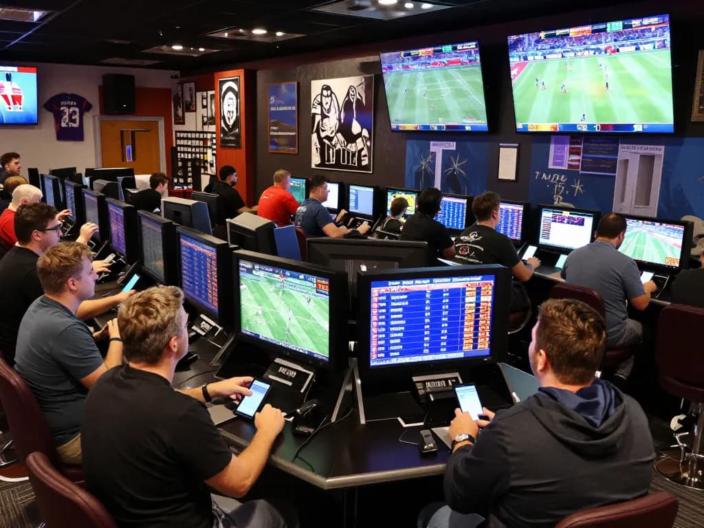 Engaged bettors strategizing at a sportsbook while checking soi keo nha cai odds on live screens