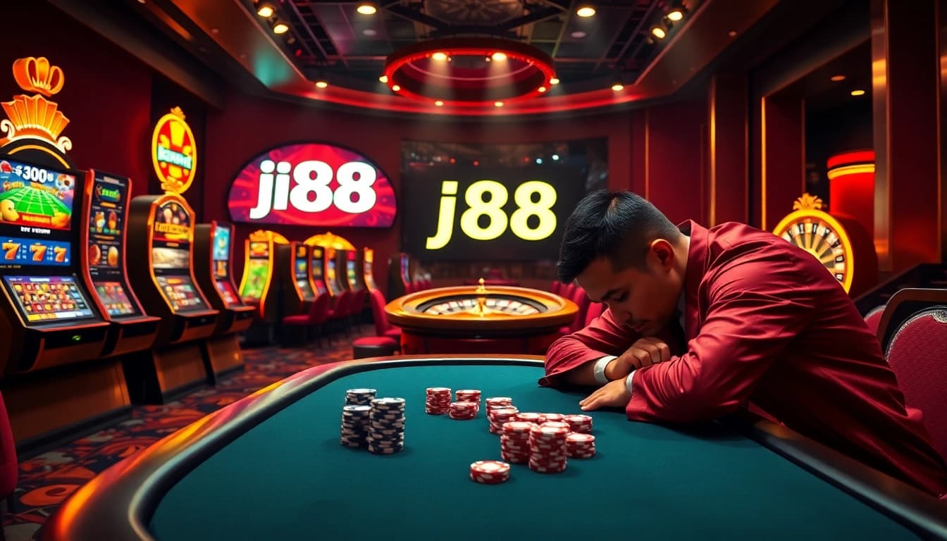 Engaged in gameplay at a vibrant j88 online casino, surrounded by colorful slot machines and poker chips.