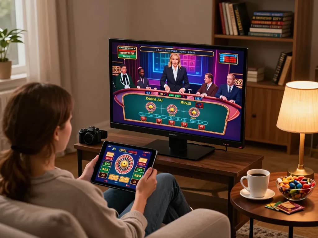Enjoying f8betlv gaming experience on a tablet with live dealer roulette in a cozy living room.