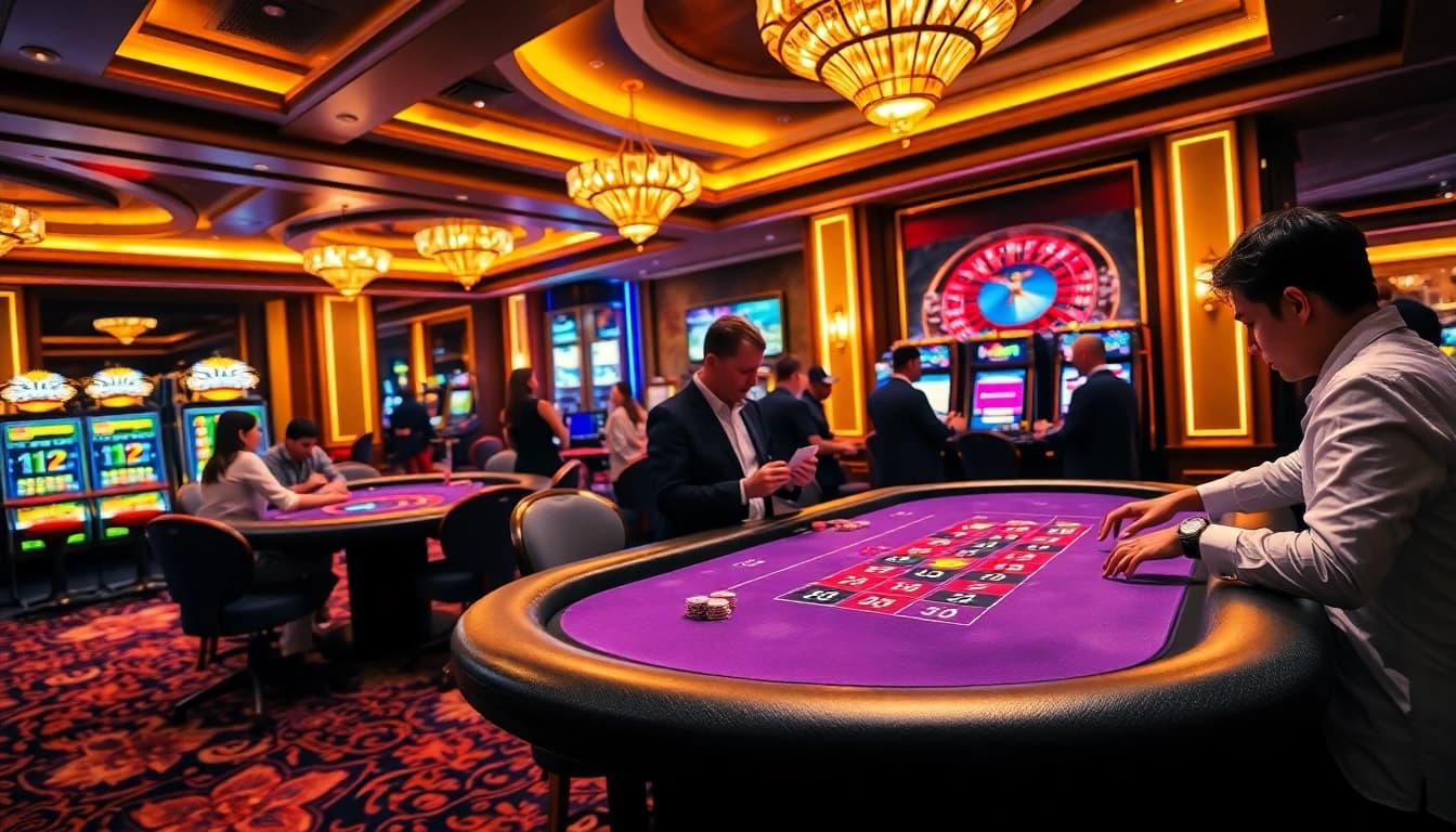 Players enjoying a thrilling poker game at TR88 casino table under golden lighting.