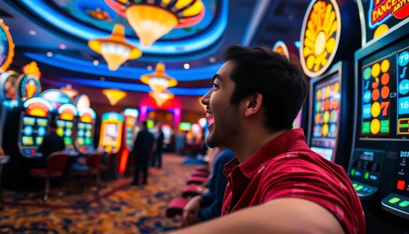 Slot gacor sedang dimainkan oleh pemain bersemangat di kasino dengan lampu berwarna-warni.