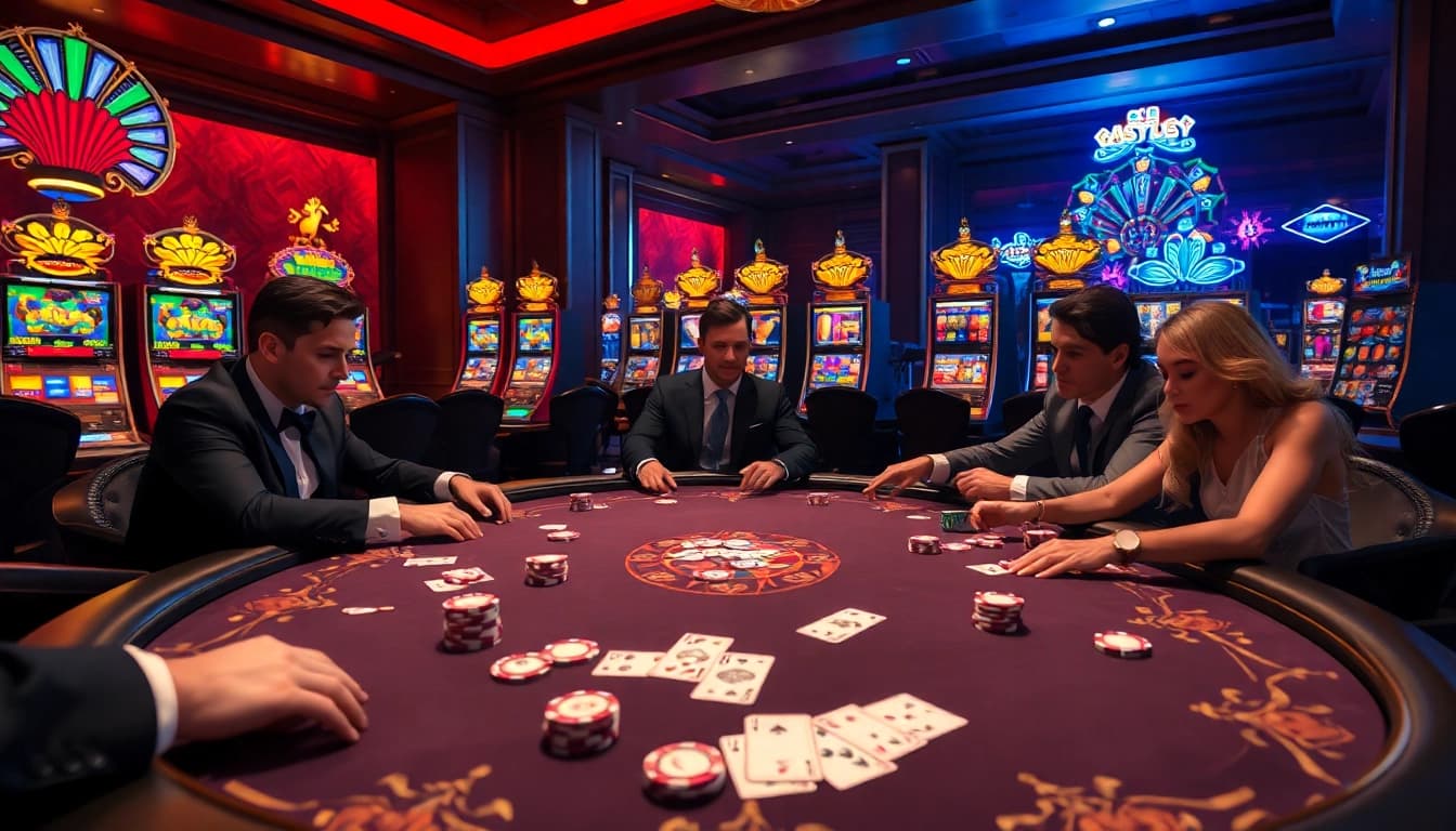 Join the excitement at https://kk55.blue/ as players strategize at a luxurious poker table amidst vibrant casino lights.