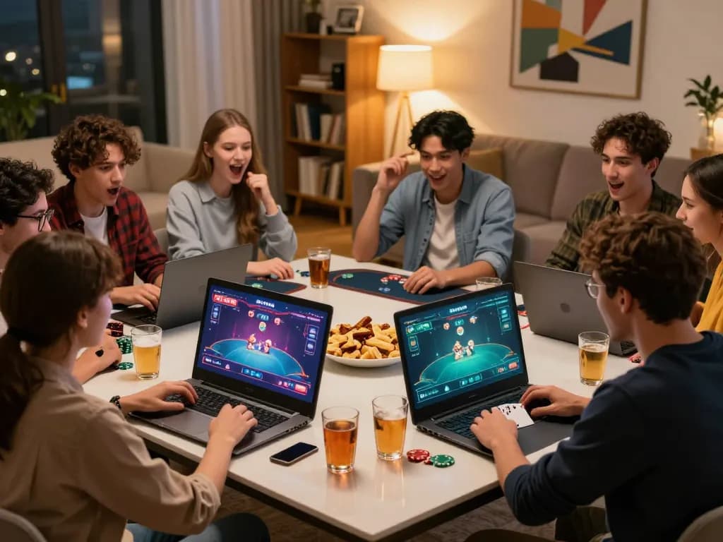 Engaged players strategizing during online poker session, accessible interface on screen, ทางเข้า m112 enhancing their excitement.