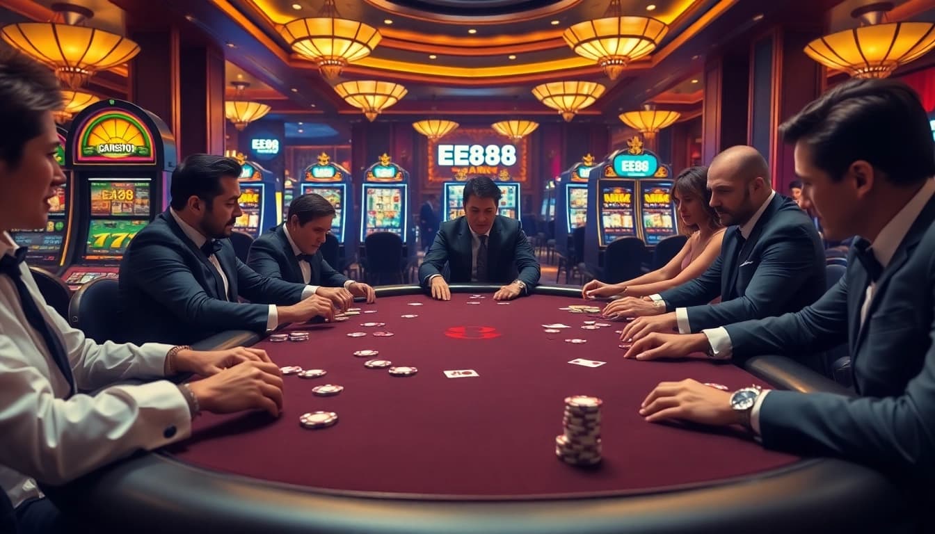 Players engaged in an exciting game at a luxurious EE88-themed casino poker table.