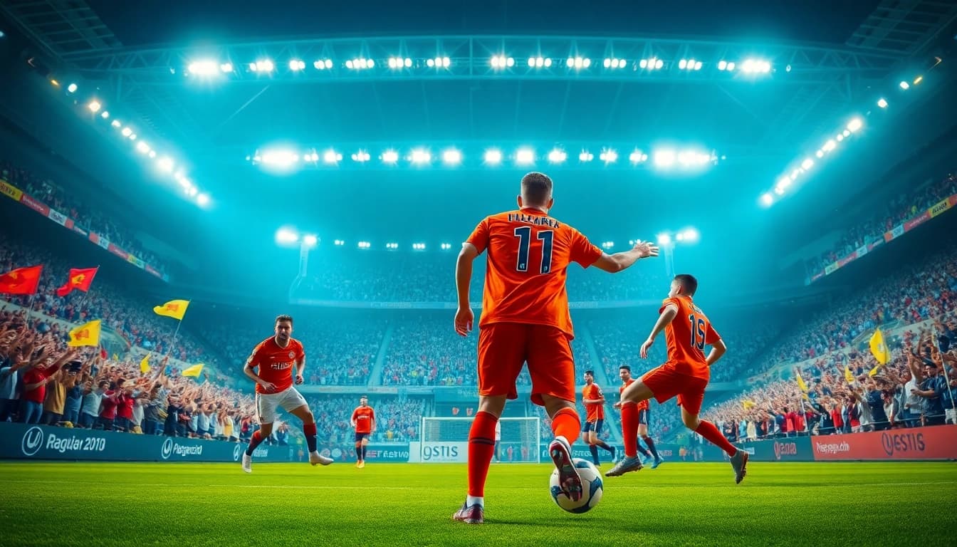 Xem bóng đá hôm nay with an exciting soccer match scene in a packed stadium.
