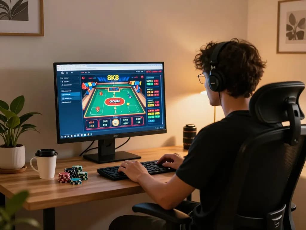 Engage in thrilling online casino action at https://8k8.fan/ with a person focused on the gaming display and colorful poker chips.