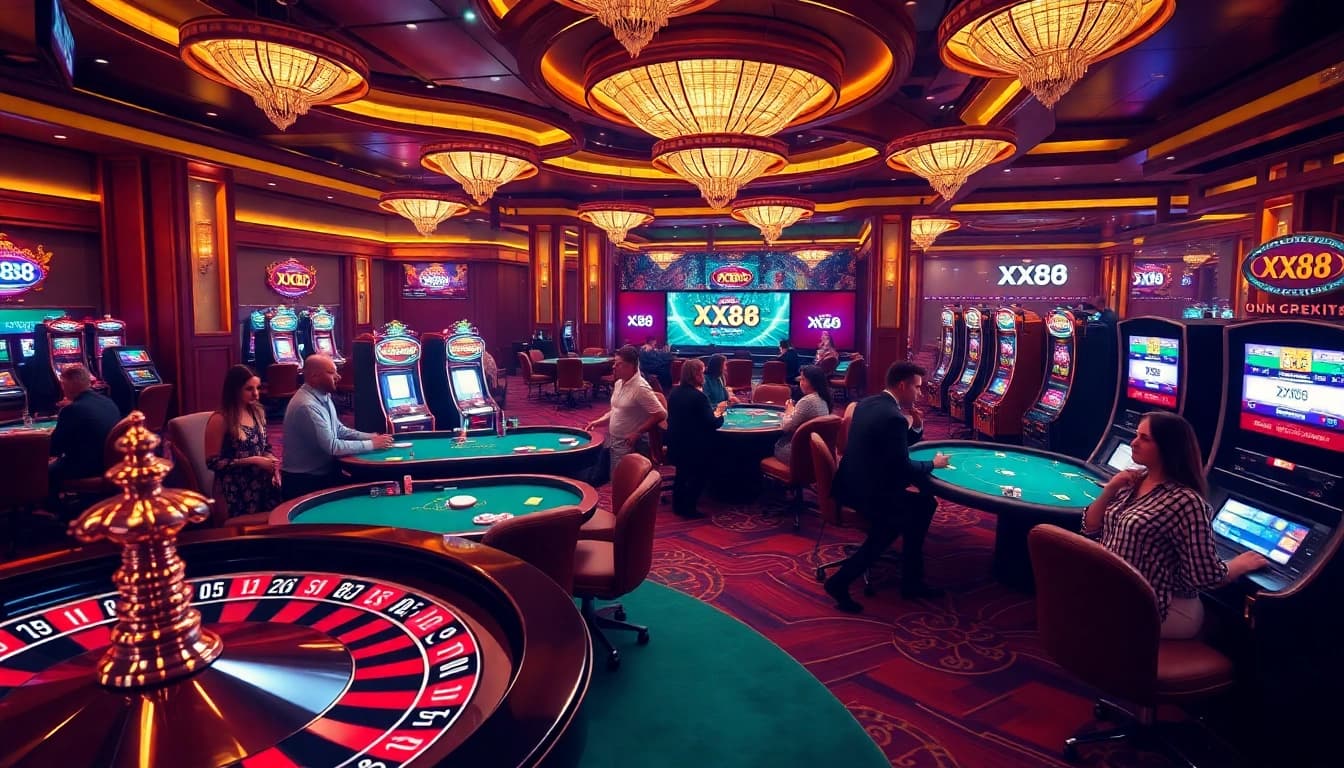 Players engaging in thrilling games at XX88 casino, highlighting poker tables and roulette.