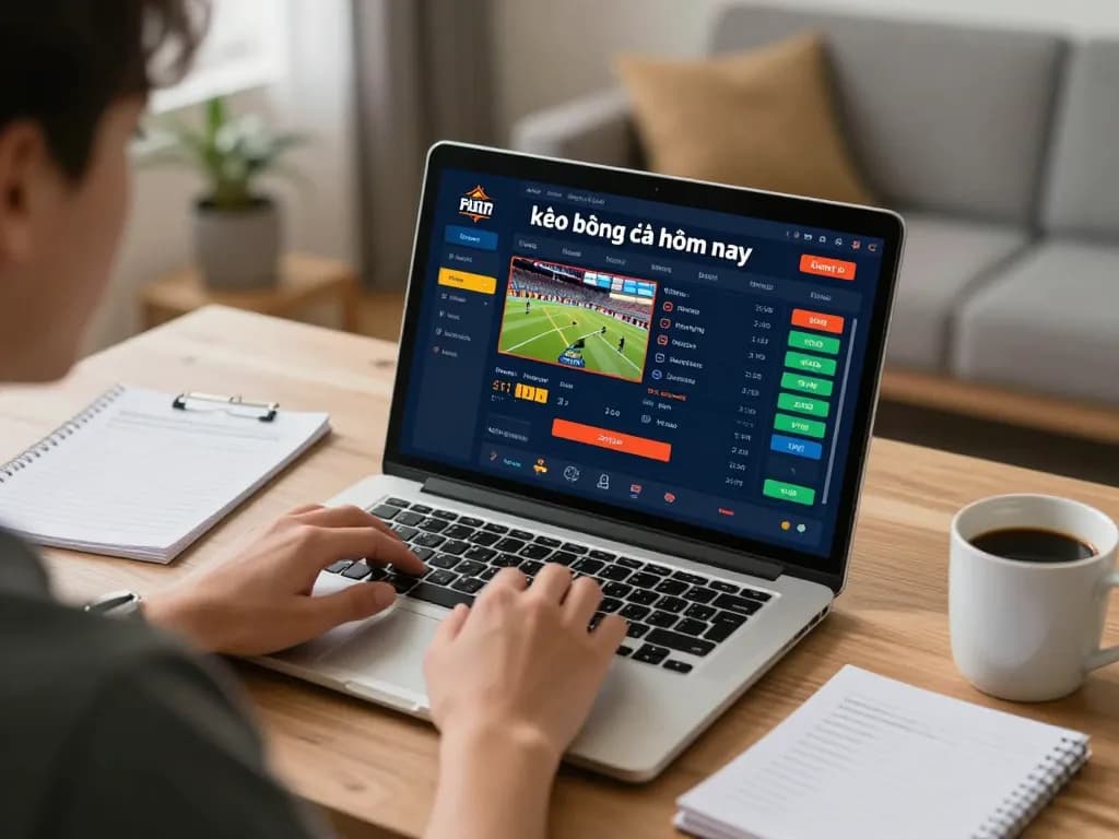 Engaging in kèo bóng đá hôm nay with live betting interface on laptop in a cozy home setting.
