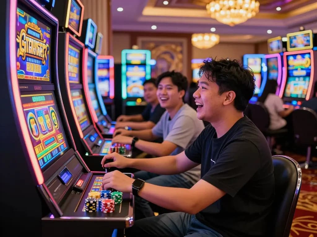 Player enjoying a slot gacor hari ini experience at a vibrant casino, surrounded by excitement and colorful machines.