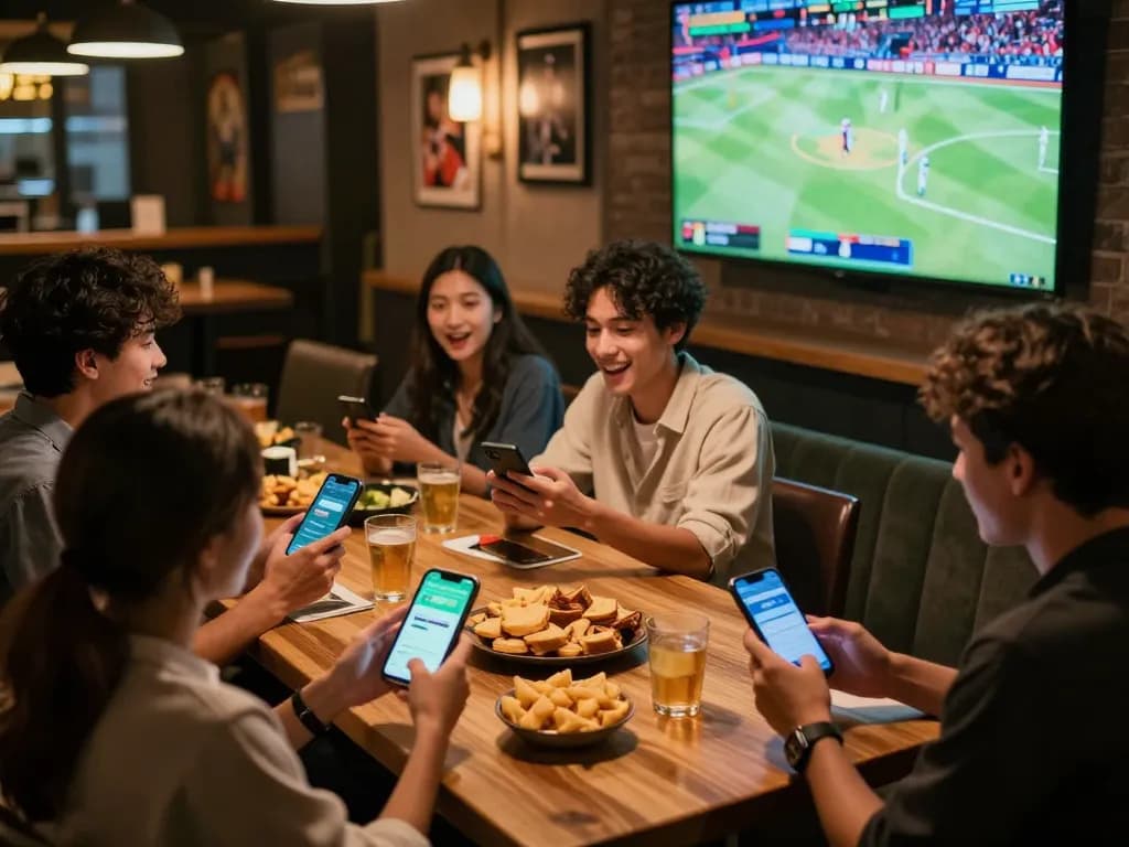 Friends celebrating sports betting on vaobet, using smartphones in an exciting bar environment.