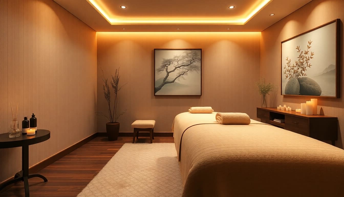 Relaxing interior of a massage therapy room for 동탄출장마사지, designed for comfort and tranquility.