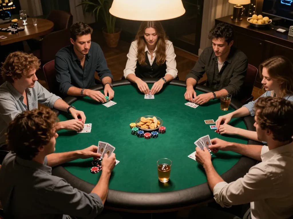 Go8 players strategizing at a private poker game, competitive atmosphere with chips and cards.