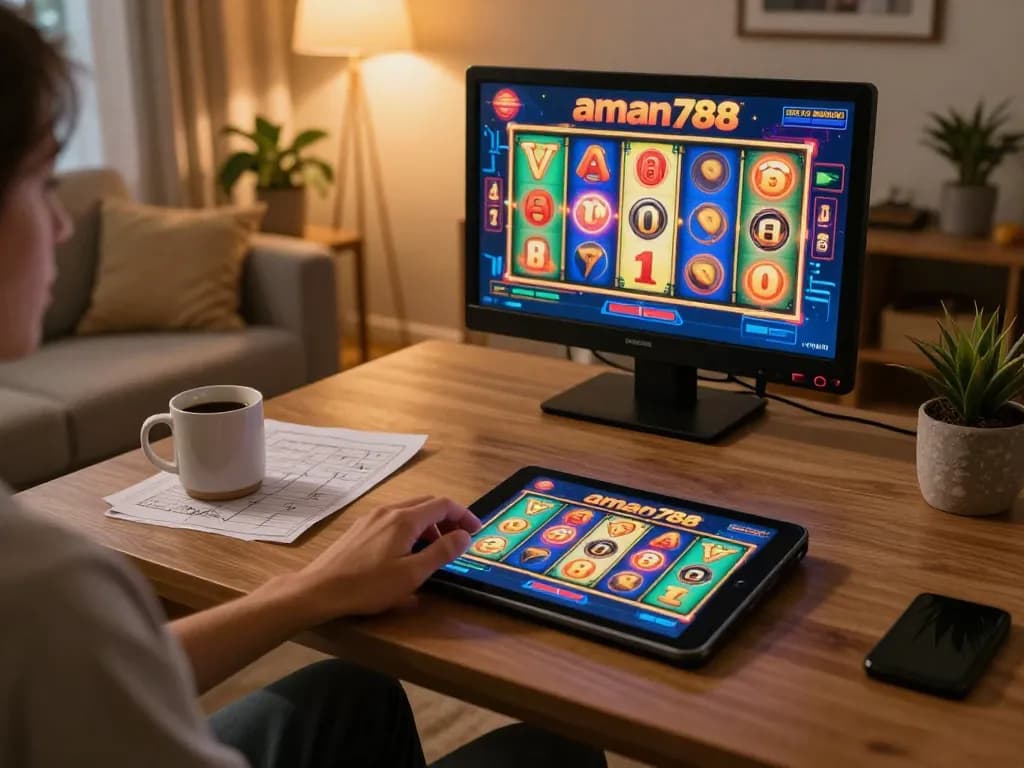 A person engaging in aman788 slot online gaming on a tablet in a cozy home environment, showcasing strategic entertainment.