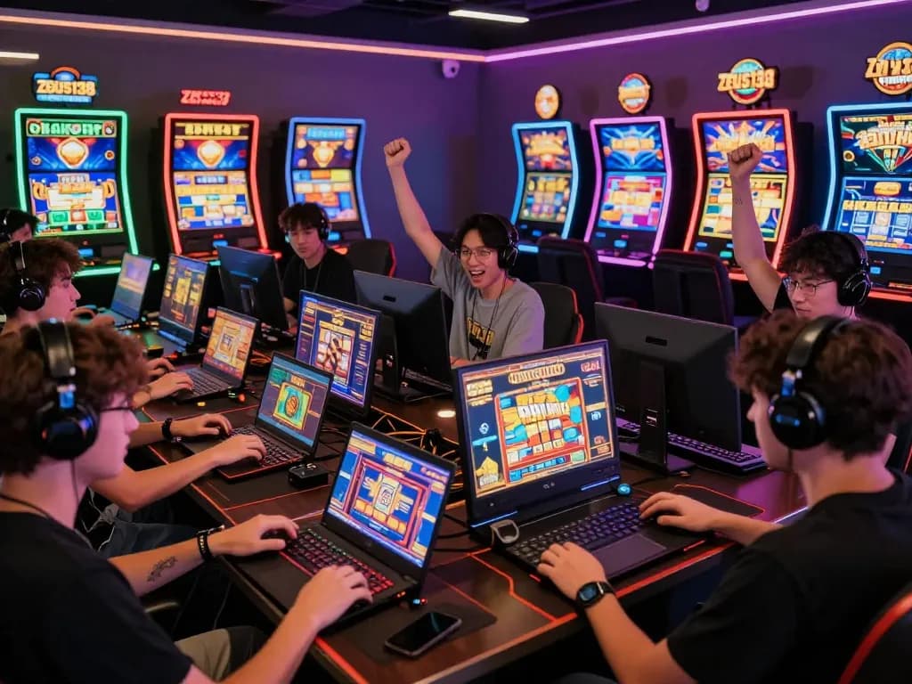 Players enjoying online slot games on zeus138 in a lively gaming environment, showcasing high RTP and excitement.
