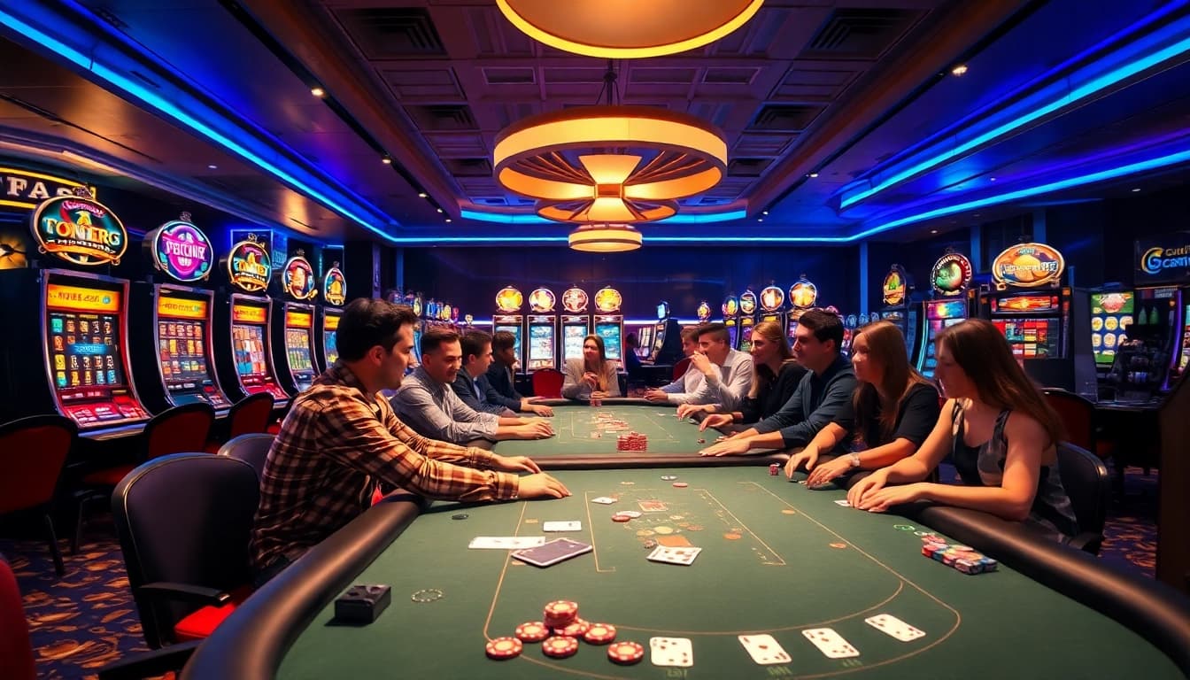 Menggambarkan pemain casino yang antusias dengan spvtoto dalam suasana permainan yang mendebarkan.