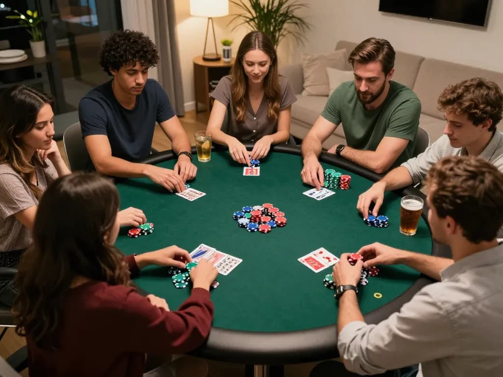 Xoilac players engaging in a dynamic home poker night with colorful chips and cards.