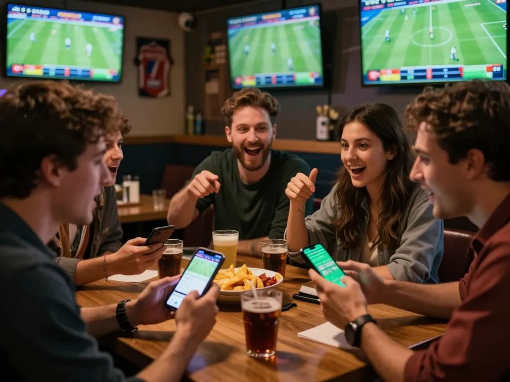 Momen menarik teman-teman memeriksa Skor Langsung di smartphone selama acara taruhan olahraga.